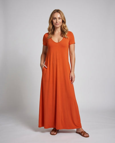 Damen Reise-Maxikleid V-Ausschnitt Seitentaschen Kurzarm