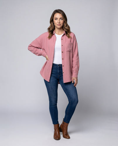 Damen Baumwoll-Musselin-Hemdjacke Brusttasche Knopfleiste Weit