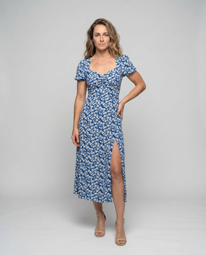Damen Vintage-Floralkleid Korsagenoberteil Puffärmel Saumschlitz
