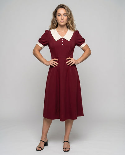 Damen Retro-Midikleid Bubikragen Puffärmel A-Linie