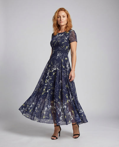 Damen Maxikleid Florales Muster Kurzarm A-Linie