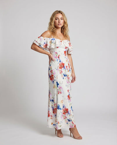 Damen Maxikleid Volantärmel Tailliertes Mieder Schulterfrei