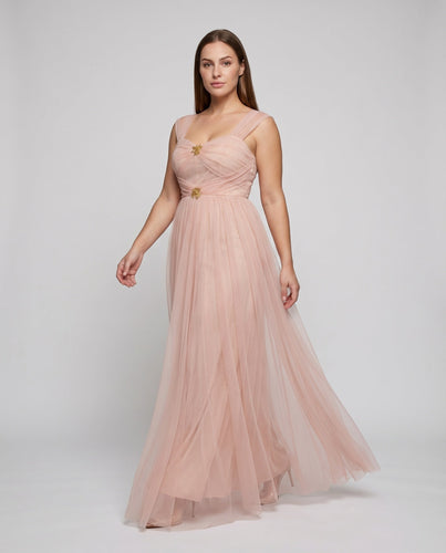 Damen Gala-Robe Tüll-Drapage Schmuckbrosche Bodenlang