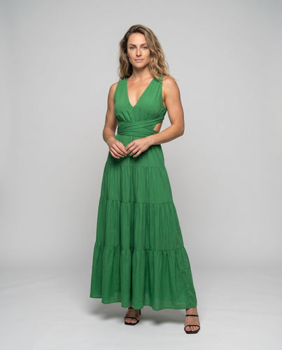 Damen Maxikleid Wickeloptik Volantrock V-Ausschnitt
