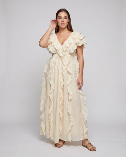 Damen Landhaus-Maxikleid V-Ausschnitt Volantärmel Kaskadenrüschen