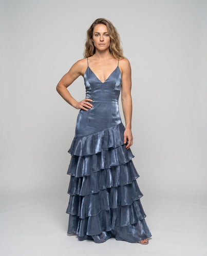 Damen Satin-Abendkleid Korsage Volantrock Schimmernd