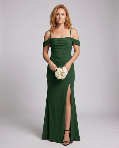 Damen Elegantes Maxikleid mit schulterfreien Riemen und raffinierten Drapierungen Drune