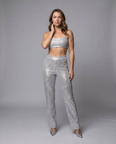 Damen Glitzerndes Cropped Top mit weitem Palazzohosen Set Drune