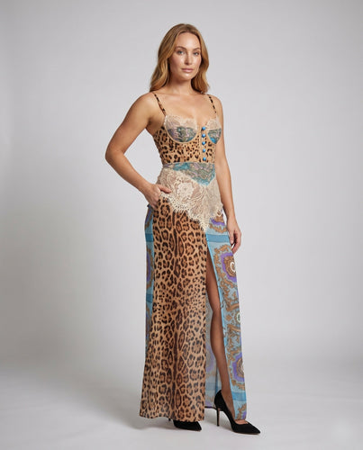 Damen Transparente Maxikleid mit raffinierter Spitzenverzierung und tierischem Muster Drune