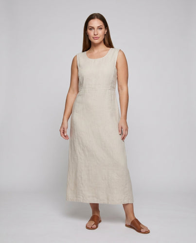 Damen elegantes Leinen-Midikleid mit schlichter A-Linie und Rundhalsausschnitt
