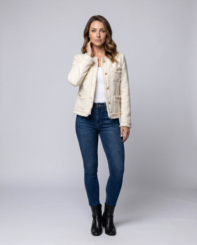 Damen festlicher Tweed-Jacke mit Taschen und goldenen Knöpfen