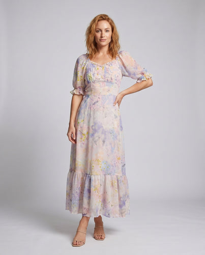 Damen Langarm Maxikleid mit voluminösen Puffärmeln und zartem floralen Muster