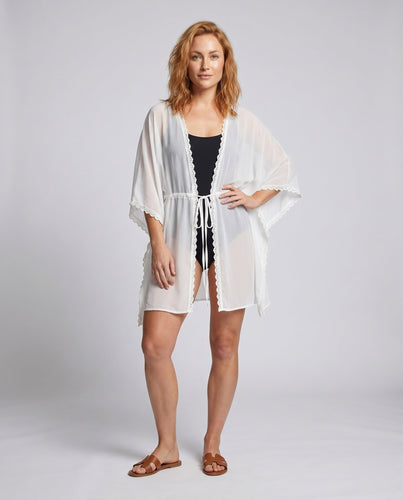 Damen leichter Strandkimono mit romantischer Häkelspitze Drune