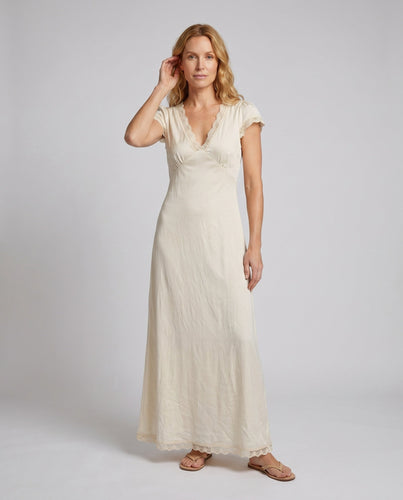 Damen nan romantisches Vintage-Maxikleid mit V-Ausschnitt, kurzen Ärmeln, Empire-Naht und Spitzenbesatz