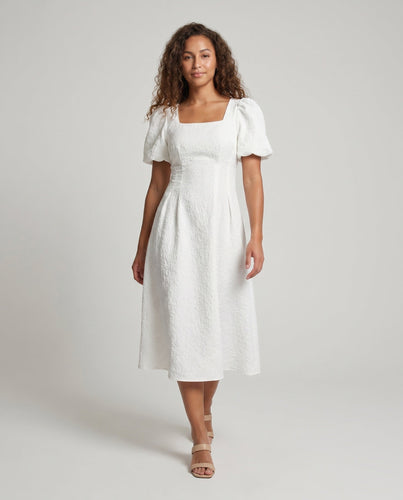 Damen Midikleid mit schickem Quadrat-Ausschnitt und voluminösen Puffärmeln