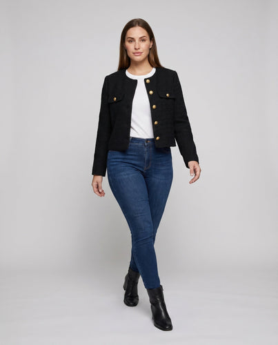 Damen Strukturierte Boucle-Jacke mit Goldenen Knöpfen und Taschen