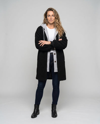 Damen Kuscheliger Oversize-Mantel mit Kapuze und seitlichen Taschen
