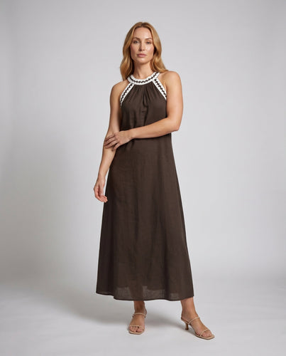 Damen Maxikleid mit modischen Trageband und elegantem Rundhals