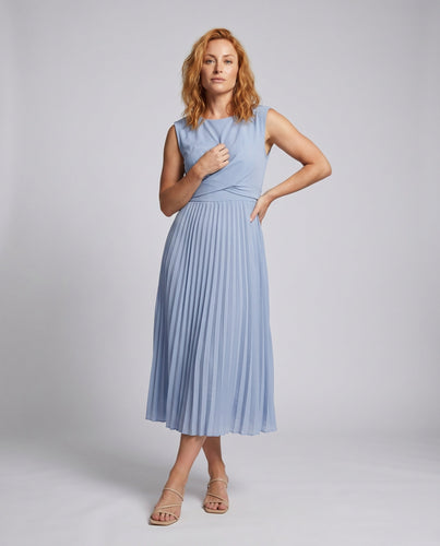 Damen Plissee Maxi-Kleid mit Wickeloberteil und eleganter Taillenbindung
