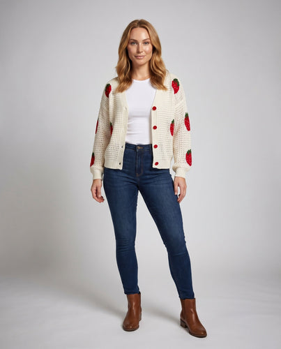 Damen Strickjacke mit Erdbeer-Muster und Knopfleiste