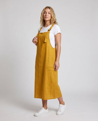 Damen Leinen-Latzkleid mit praktischen Taschen und verstellbaren Trägern