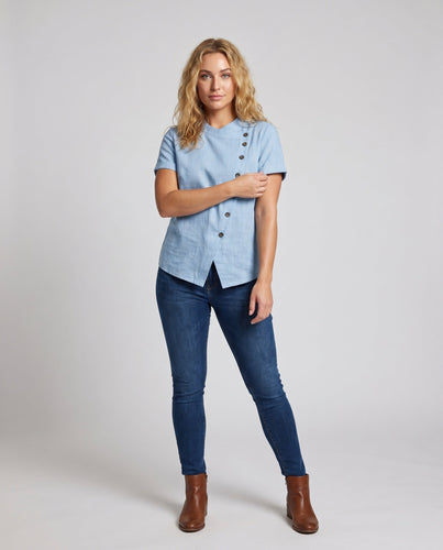 Damen Lässige Kurzarmbluse mit Knopfdetails Drune
