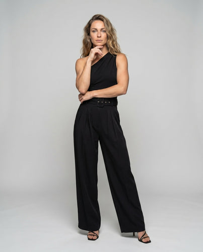 Damen Eleganter Jumpsuit mit asymmetrischem Ausschnitt und breitem Hosenbein Drune