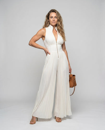 Damen Eleganter Jumpsuit mit plissierten Details und hohem Kragen Drune