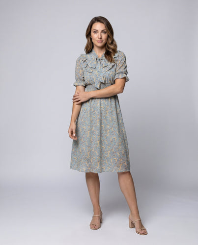 Damen Blumiges Blusenkleid mit Rüschen und eleganter Schleifenbindung