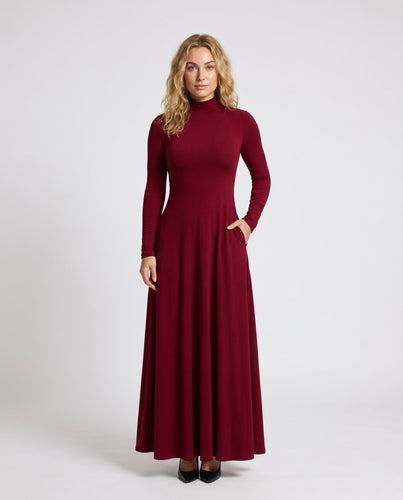 Damen Elegantes Maxikleid mit hohem Kragen und schwingendem Saum