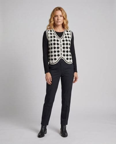 Damen Cropped Häkeloberteil mit buntem Quadratmuster und Knopfleiste Drune