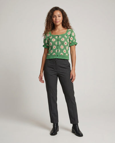 Damen Häkelbluse mit Knopfleiste und floralen Mustern Drune
