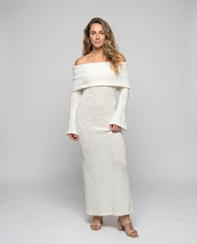Damen elegantes Schimmerkleid mit Off-Shoulder-Ausschnitt und langen Ärmeln Drune
