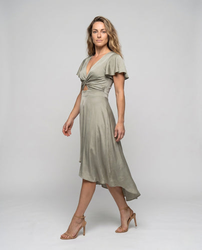 Damen elegantes Wickelkleid mit asymmetrischem Saum und femininen Ärmeln Drune