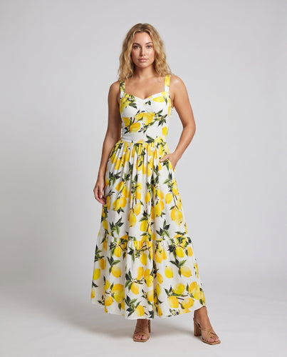 Damen Maxikleid mit erfrischendem Zitronenprint und schwingendem Saum Drune