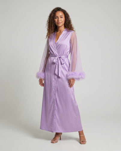 Damen luxuriöser Satin Morgenmantel mit eleganten Fuchsfellärmeln Drune