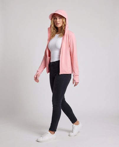 Damen nan leichte Sonnenschutz-Funktionsjacke mit Kapuze durchgehendem Reißverschluss Daumenlochbündchen und atmungsaktivem Mikromesh Drune