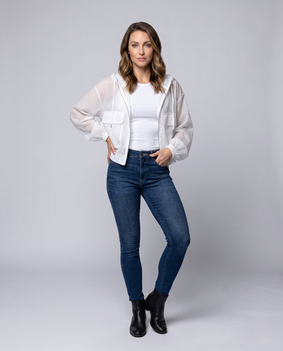Damen nan leichte transparente Kapuzen-Windjacke kurz geschnitten mit weiten Ärmeln Drune