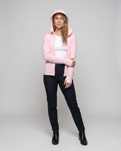 Damen nan minimalistisches Kapuzenshirt mit verdecktem Reißverschluss aus stretchigem Jersey Stehkragen und Ärmelschlitzen Drune