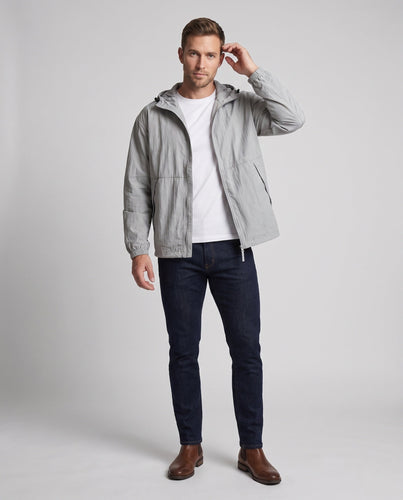 Unisex nan packbare Kapuzen-Windjacke mit Zweiwege-Reißverschluss und Kordelzugsaum Drune