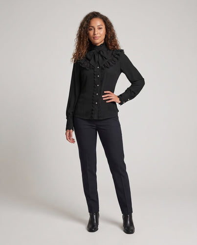 Damen elegante Rüschbluse mit hohem Kragen und verzierten Knopfblende Drune