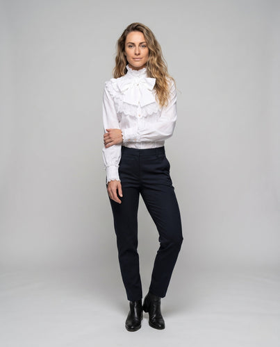 Damen elegante Rüschbluse mit Stehkragen und Schleifenakzenten Drune