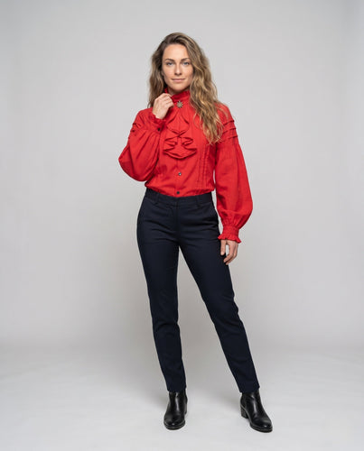Damen elegante Stehkragen-Bluse mit Rüschen-Details und ausgefallenen Knopfakzenten Drune
