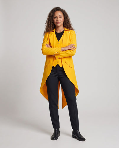 Damen eleganter Frackmantel mit asymmetrischem Saum und goldenen Akzenten Drune