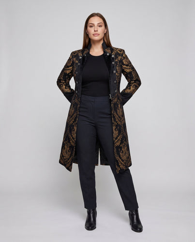 Damen eleganter Frackmantel mit edlem Muster und kunstvollen Knöpfen Drune