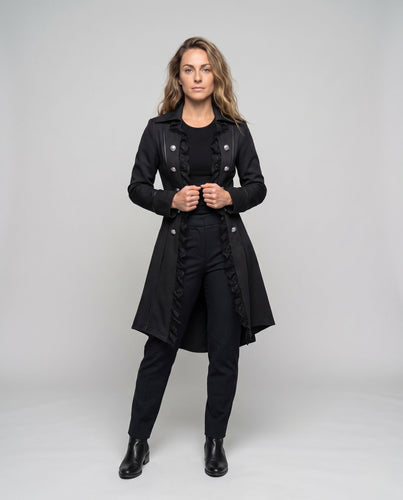Damen eleganter Frackmantel mit Spitzenakzenten und dekorativer Knopfleiste Drune