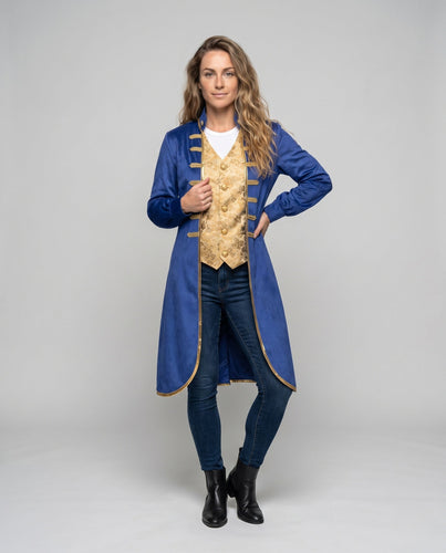 Damen eleganter historischer Frack mit kunstvollen Verzierungen und goldenen Akzenten Drune