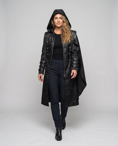 Damen eleganter Kapuzenmantel mit kunstvollen Verzierungen und asymmetrischem Schnitt Drune