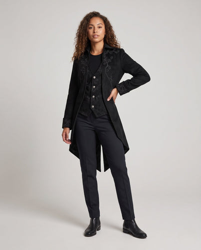 Damen eleganter Stehkragen-Frackmantel mit kunstvollen Verzierungen und asymmetrischem Saum Drune