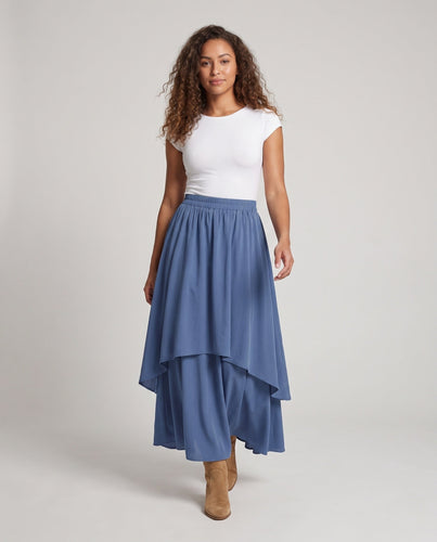 Damen Eleganter zweilagiger Maxirock mit fließendem Schnitt und elastischem Taillenbund Drune